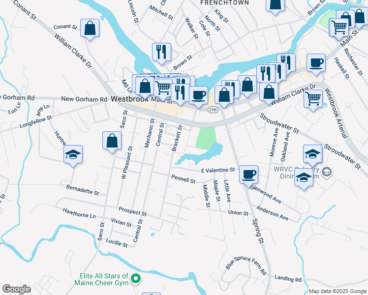 map of restaurants, bars, coffee shops, grocery stores, and more near 71 Church Street in Westbrook