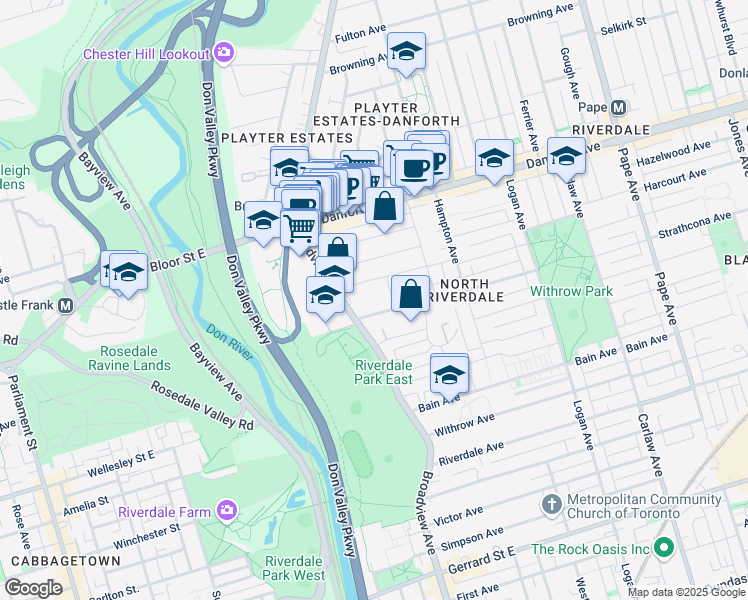 map of restaurants, bars, coffee shops, grocery stores, and more near 10 Hogarth Avenue in Toronto