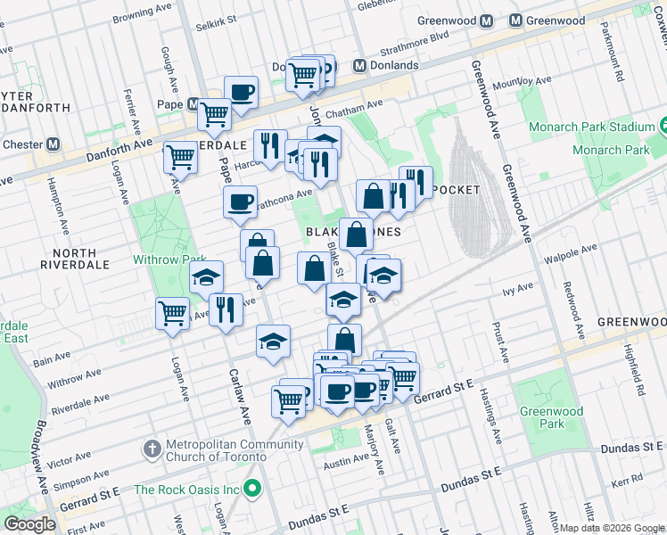 map of restaurants, bars, coffee shops, grocery stores, and more near 70 Blake Street in Toronto