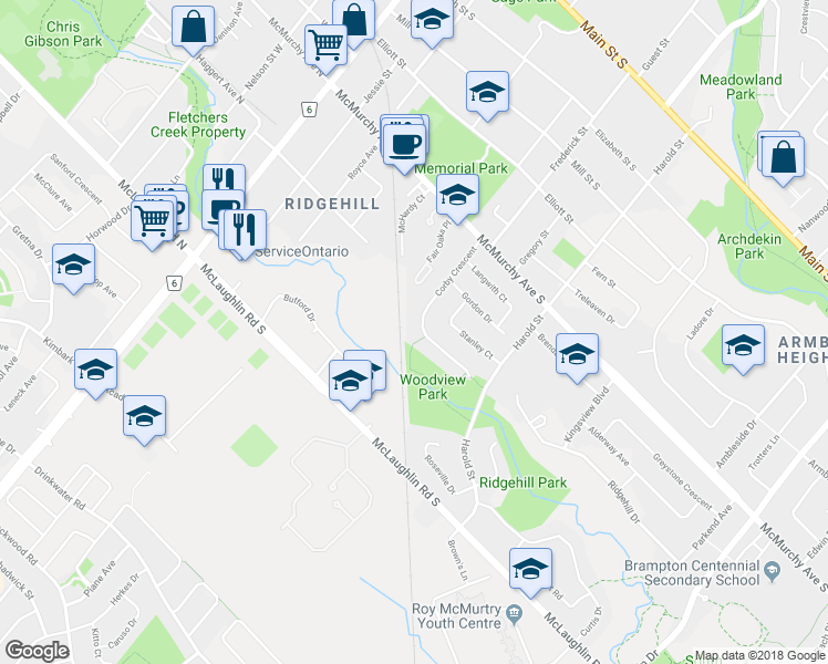 map of restaurants, bars, coffee shops, grocery stores, and more near 84 Corby Crescent in Brampton
