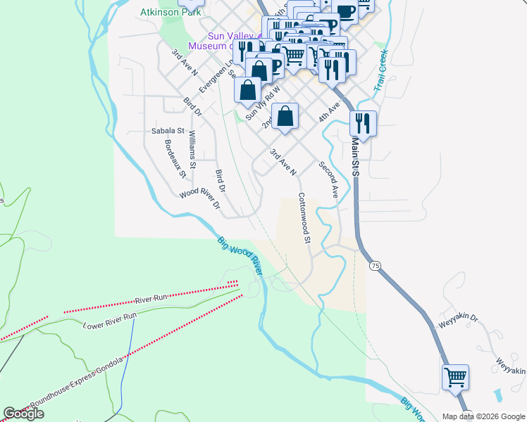 map of restaurants, bars, coffee shops, grocery stores, and more near 300 Wood River Drive in Ketchum
