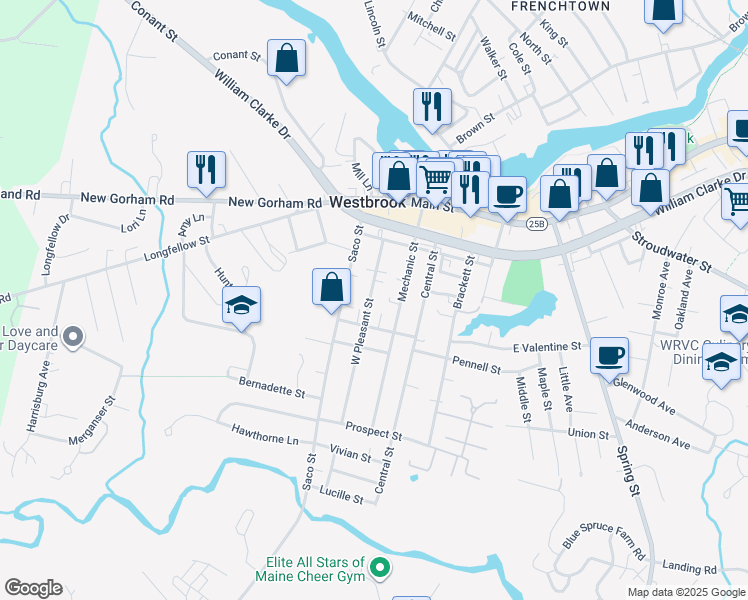 map of restaurants, bars, coffee shops, grocery stores, and more near 48 West Pleasant Street in Westbrook