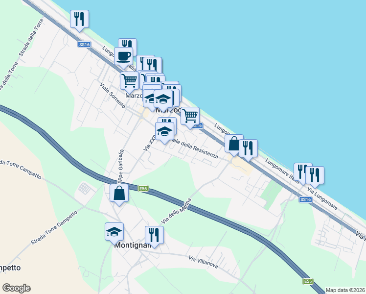 map of restaurants, bars, coffee shops, grocery stores, and more near 78 Viale della Resistenza in Montignano-marzocca
