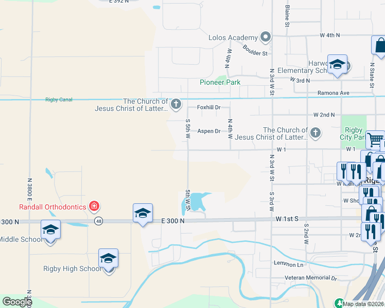 map of restaurants, bars, coffee shops, grocery stores, and more near 196 North 5th West in Rigby