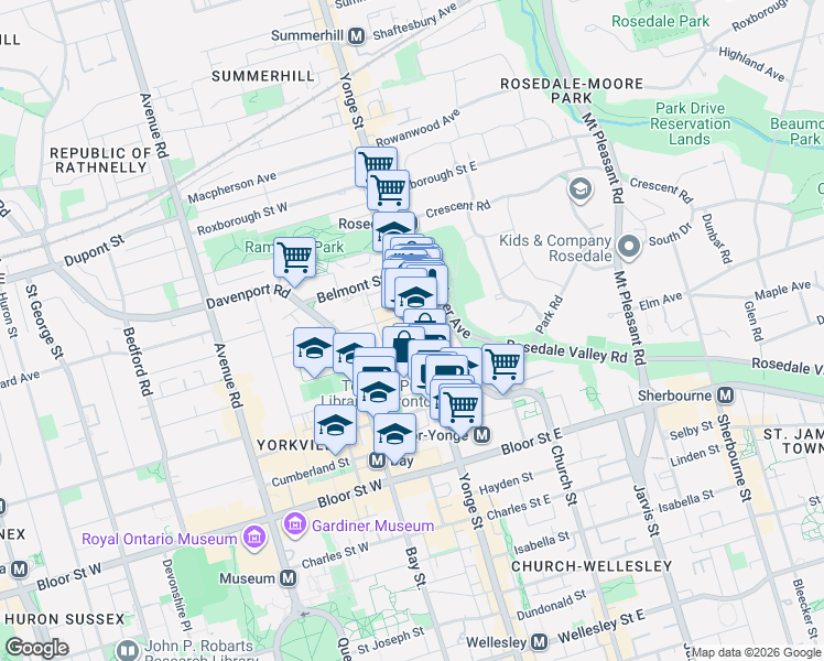 map of restaurants, bars, coffee shops, grocery stores, and more near 914 Yonge Street in Toronto