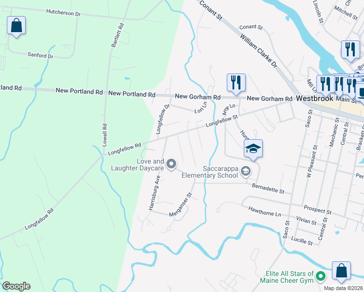 map of restaurants, bars, coffee shops, grocery stores, and more near 14 Jefferson Street in Westbrook
