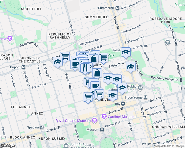 map of restaurants, bars, coffee shops, grocery stores, and more near 10 Webster Avenue in Toronto