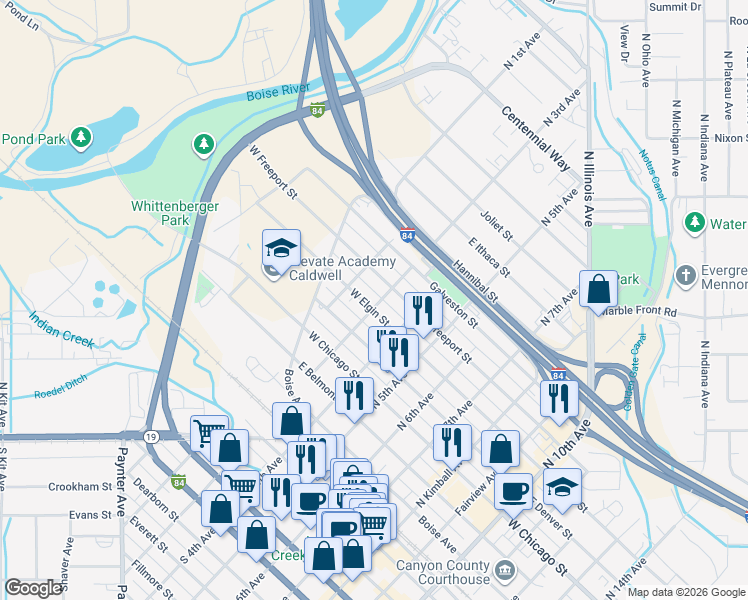 map of restaurants, bars, coffee shops, grocery stores, and more near 216 East Elgin Street in Caldwell
