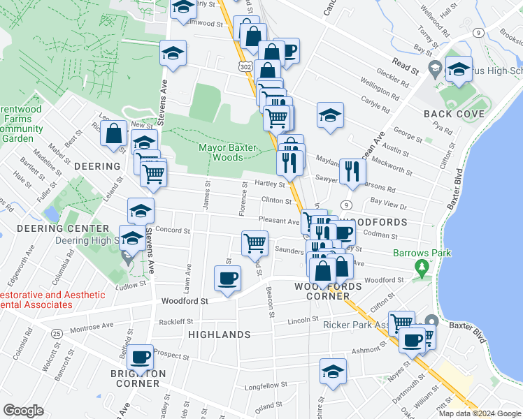 map of restaurants, bars, coffee shops, grocery stores, and more near 12 Hunt Street in Portland