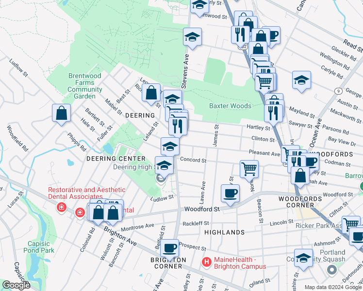 map of restaurants, bars, coffee shops, grocery stores, and more near 195 Pleasant Avenue in Portland