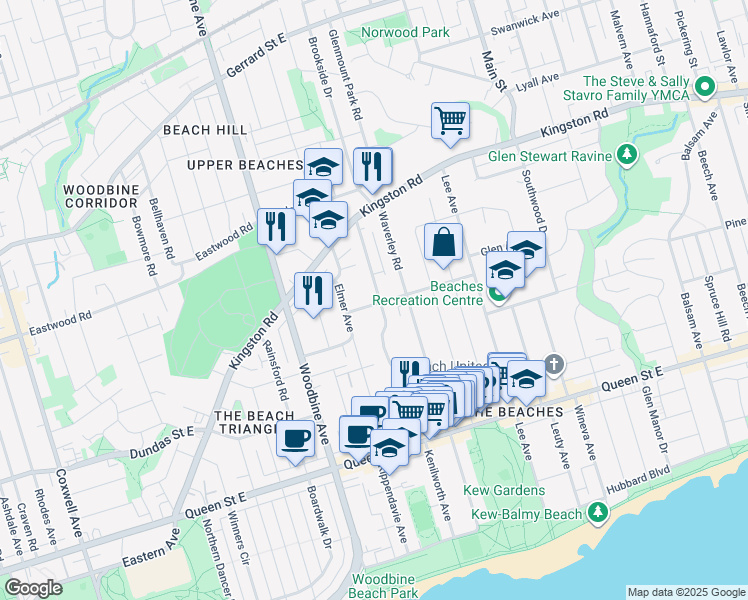 map of restaurants, bars, coffee shops, grocery stores, and more near in Toronto