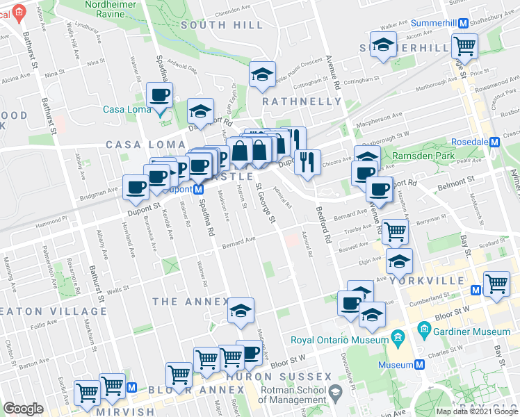 map of restaurants, bars, coffee shops, grocery stores, and more near in Toronto