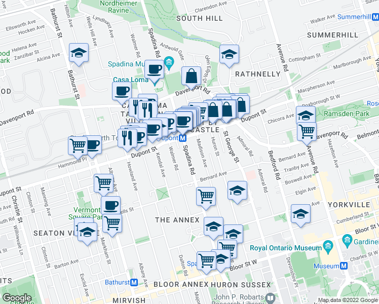 map of restaurants, bars, coffee shops, grocery stores, and more near 180 Spadina Road in Toronto