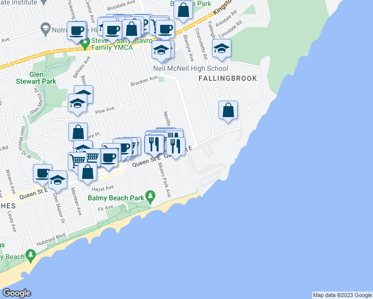 map of restaurants, bars, coffee shops, grocery stores, and more near 2511 Queen Street East in Toronto