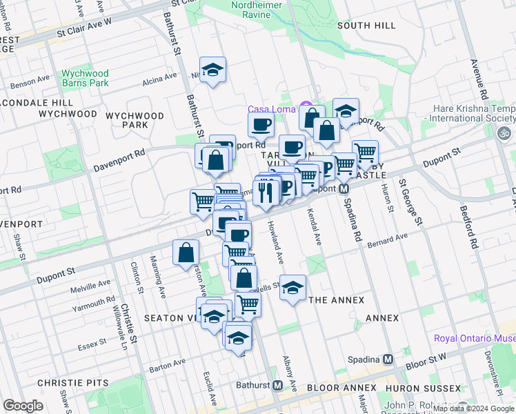 map of restaurants, bars, coffee shops, grocery stores, and more near 430 Dupont Street in Toronto