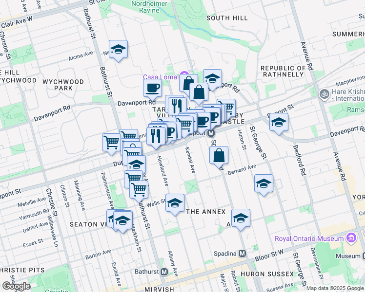 map of restaurants, bars, coffee shops, grocery stores, and more near 124 Kendal Avenue in Toronto