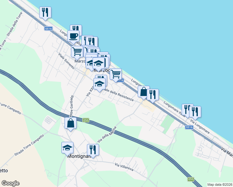 map of restaurants, bars, coffee shops, grocery stores, and more near 78 Viale della Resistenza in Montignano-marzocca