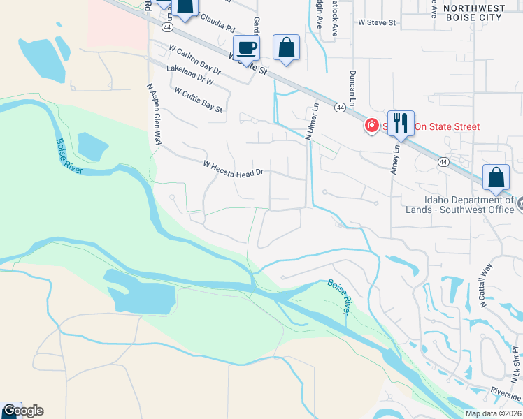 map of restaurants, bars, coffee shops, grocery stores, and more near 5915 North Duxbury Pier Lane in Garden City
