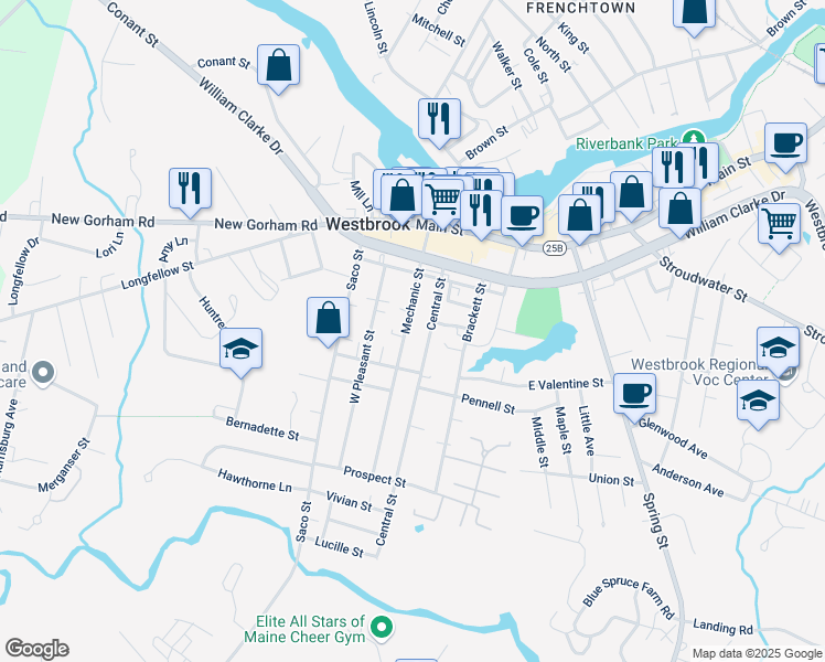 map of restaurants, bars, coffee shops, grocery stores, and more near 84 Mechanic Street in Westbrook