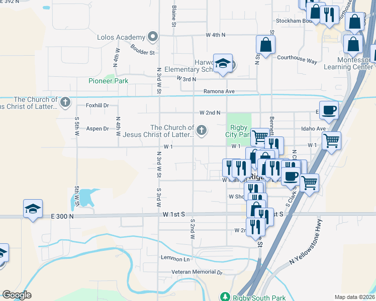 map of restaurants, bars, coffee shops, grocery stores, and more near 191 North 2nd West in Rigby