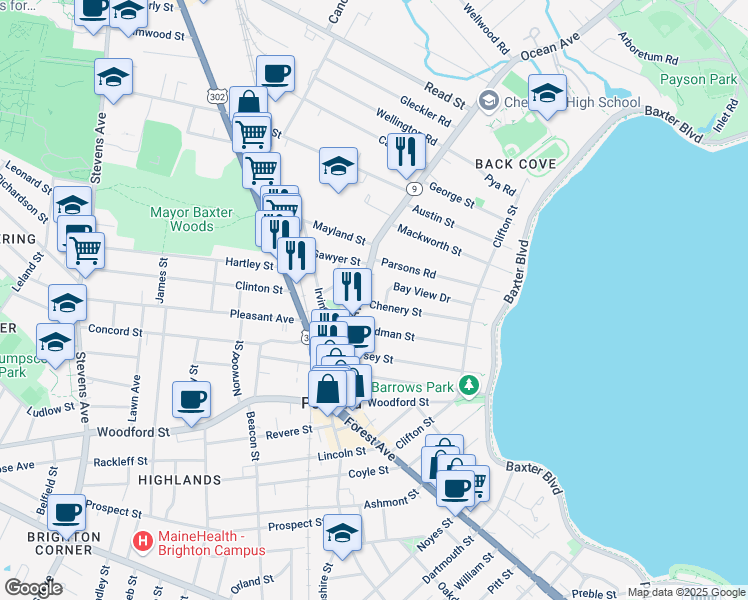 map of restaurants, bars, coffee shops, grocery stores, and more near 14 Chenery Street in Portland