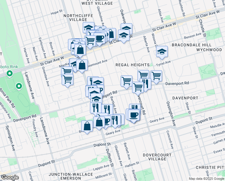 map of restaurants, bars, coffee shops, grocery stores, and more near 1368 Davenport Road in Toronto