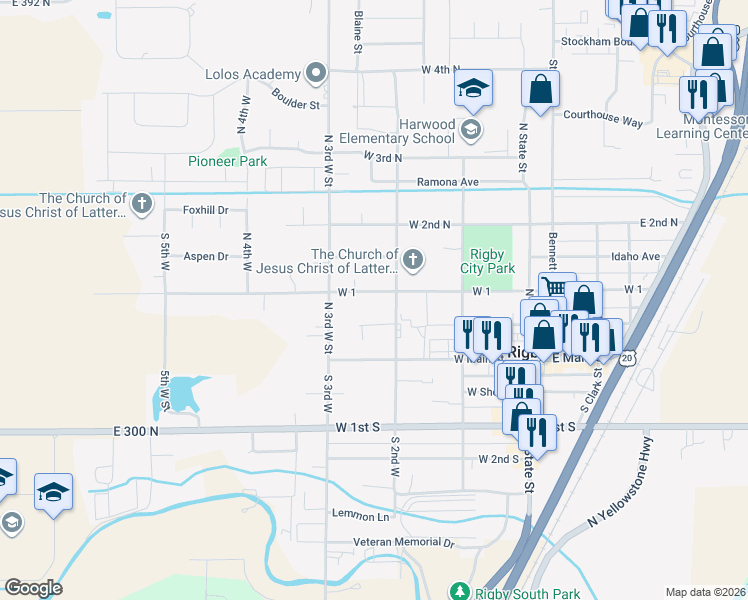 map of restaurants, bars, coffee shops, grocery stores, and more near 191 N 2nd W in Rigby