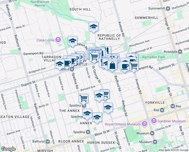 map of restaurants, bars, coffee shops, grocery stores, and more near 280 Saint George Street in Toronto