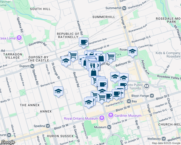 map of restaurants, bars, coffee shops, grocery stores, and more near 2 Bernard Avenue in Toronto