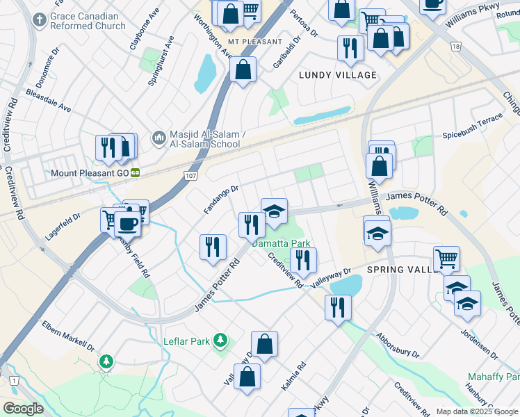 map of restaurants, bars, coffee shops, grocery stores, and more near 7 Dalia Street in Brampton