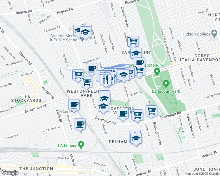map of restaurants, bars, coffee shops, grocery stores, and more near 1709 Saint Clair Avenue West in Toronto