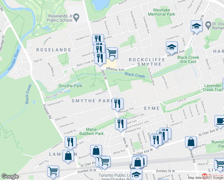 map of restaurants, bars, coffee shops, grocery stores, and more near 797 Jane Street in Toronto