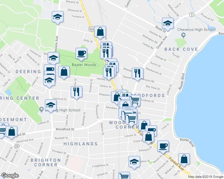 map of restaurants, bars, coffee shops, grocery stores, and more near 6 Clinton Street in Portland
