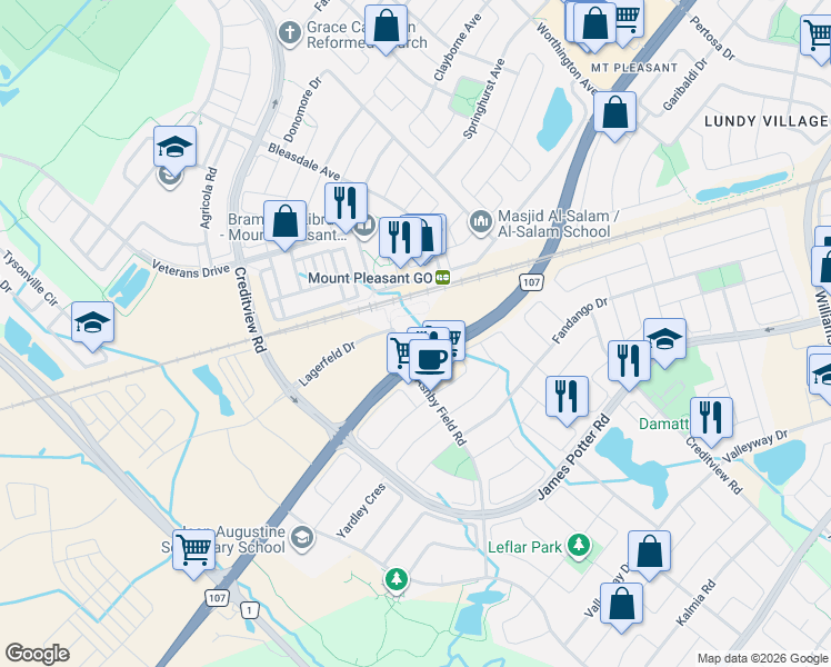 map of restaurants, bars, coffee shops, grocery stores, and more near 30 Lagerfeld Drive in Brampton