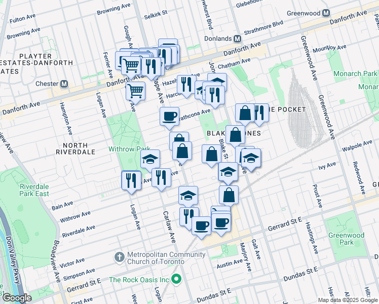 map of restaurants, bars, coffee shops, grocery stores, and more near 40 Dingwall Avenue in Toronto