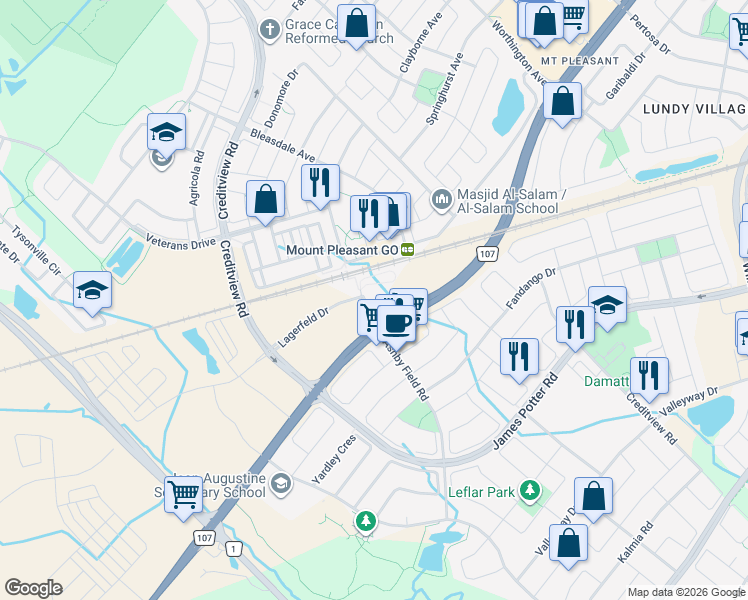 map of restaurants, bars, coffee shops, grocery stores, and more near 20 Lagerfeld Drive in Brampton