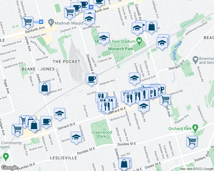 map of restaurants, bars, coffee shops, grocery stores, and more near 101 Redwood Avenue in Toronto