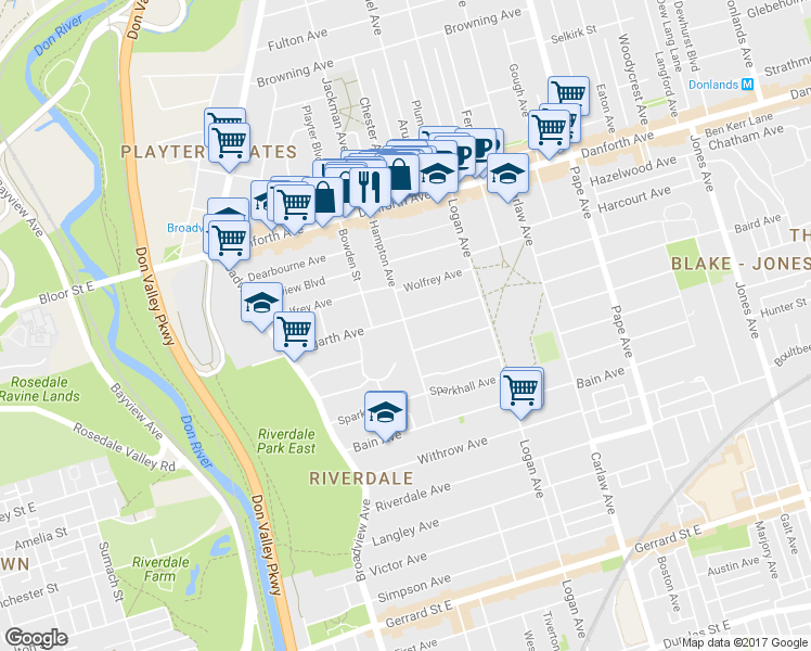 map of restaurants, bars, coffee shops, grocery stores, and more near 65 Hampton Ave in Toronto