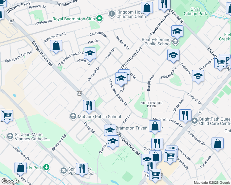 map of restaurants, bars, coffee shops, grocery stores, and more near Major WM Sharpe Drive in Brampton