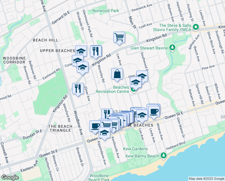 map of restaurants, bars, coffee shops, grocery stores, and more near 114 Bellefair Avenue in Toronto
