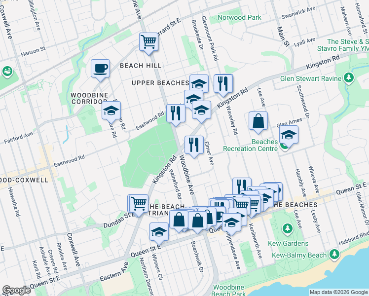 map of restaurants, bars, coffee shops, grocery stores, and more near 293 Kingston Road in Toronto