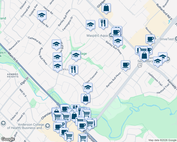 map of restaurants, bars, coffee shops, grocery stores, and more near 69 Lockton Crescent in Brampton