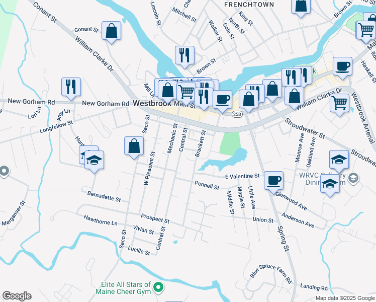 map of restaurants, bars, coffee shops, grocery stores, and more near 12 Butler Court in Westbrook