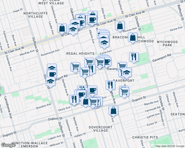 map of restaurants, bars, coffee shops, grocery stores, and more near 617 Delaware Avenue North in Toronto
