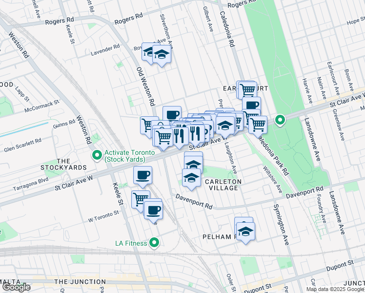 map of restaurants, bars, coffee shops, grocery stores, and more near 1772 Saint Clair Avenue West in Toronto