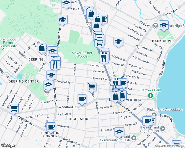 map of restaurants, bars, coffee shops, grocery stores, and more near 12 Hunt Street in Portland