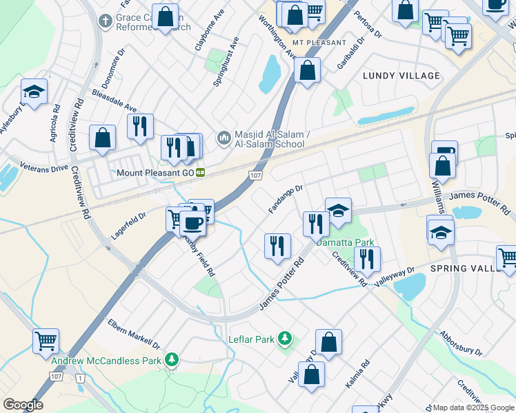map of restaurants, bars, coffee shops, grocery stores, and more near Evanwood Crescent in Brampton