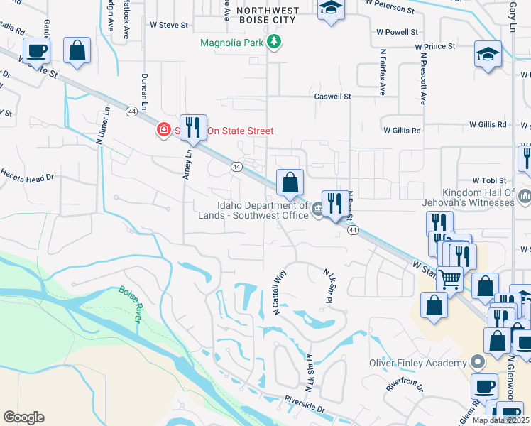 map of restaurants, bars, coffee shops, grocery stores, and more near 6064 North Lakeshore Way in Garden City