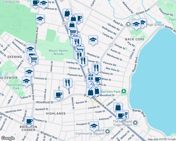 map of restaurants, bars, coffee shops, grocery stores, and more near 745 Forest Avenue in Portland