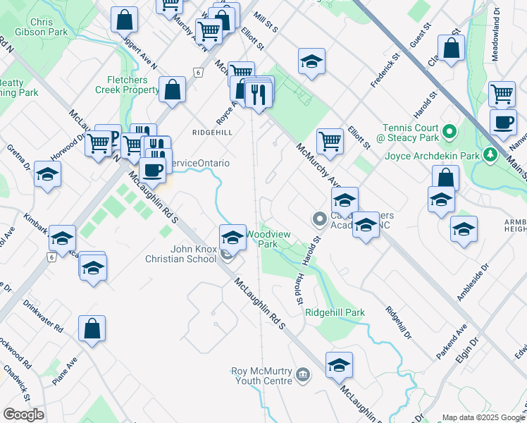 map of restaurants, bars, coffee shops, grocery stores, and more near 84 Corby Crescent in Brampton